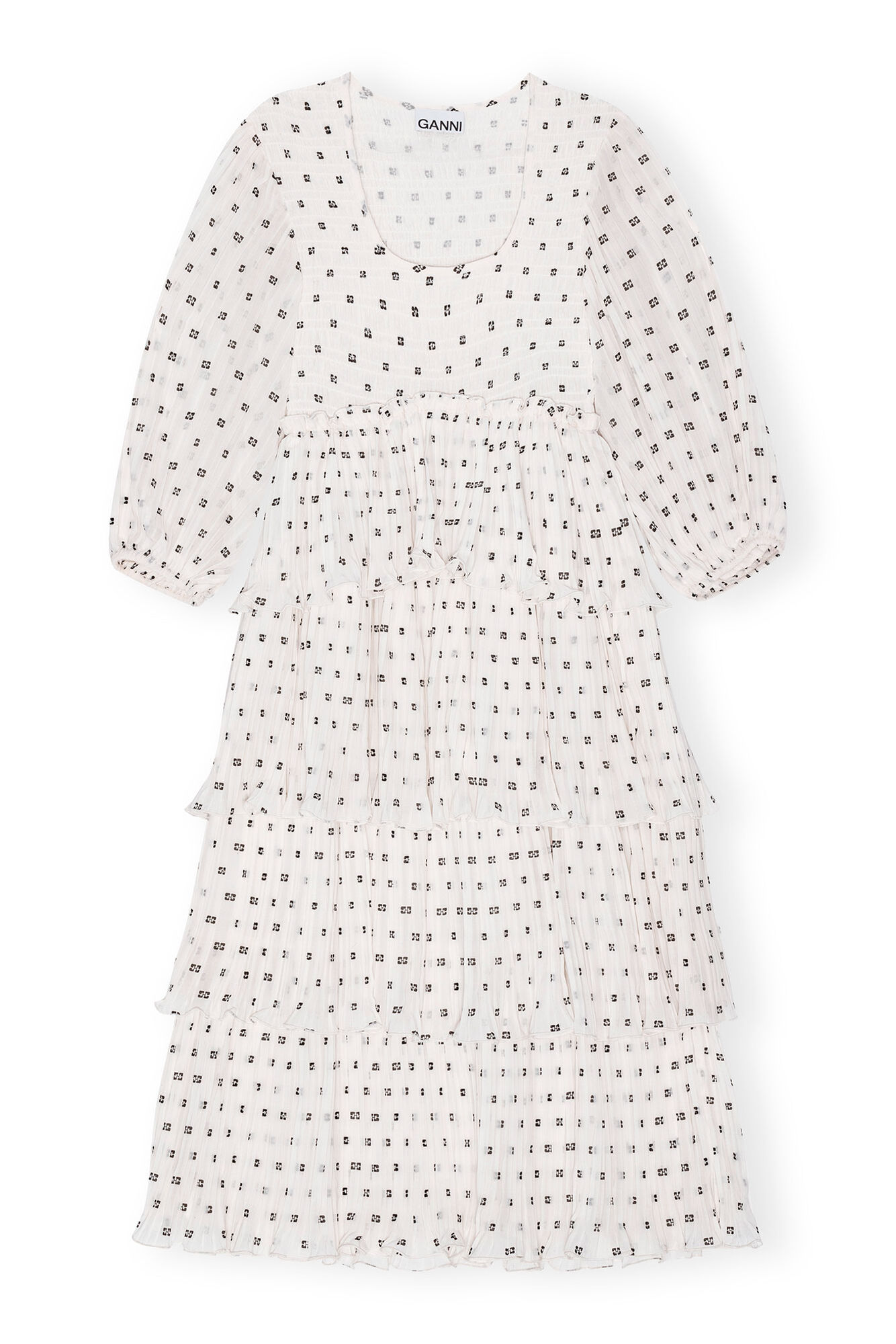 White Pleated Georgette Flounce Smock Midikjole, Recycled Polyester, in colour Egret - 1 - GANNI