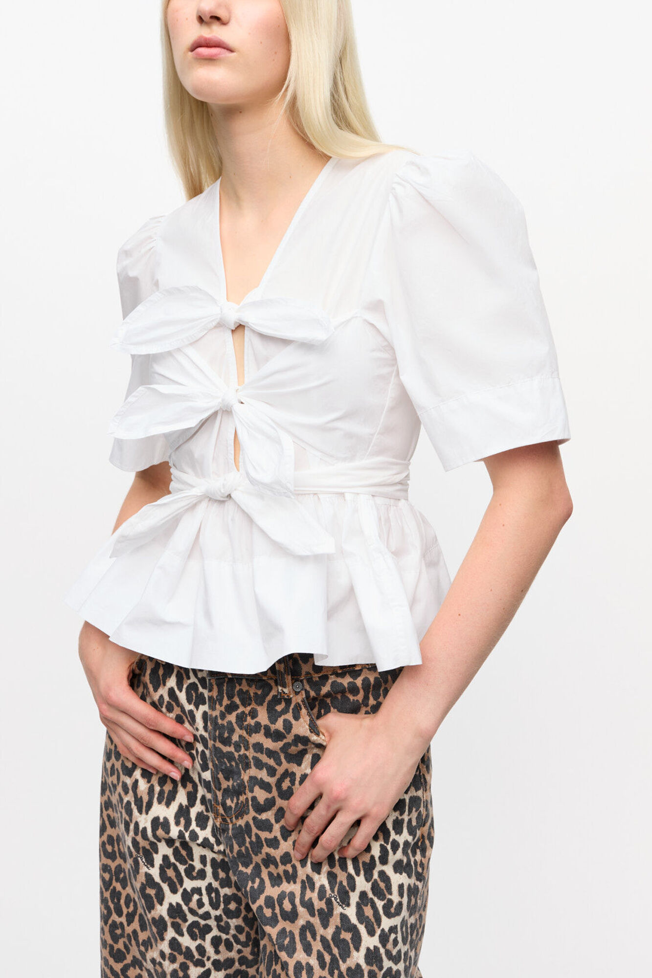 White Washed Stretch Cotton Tie Strap Blouse, Organic Cotton, in colour Bright White - 1 - GANNI