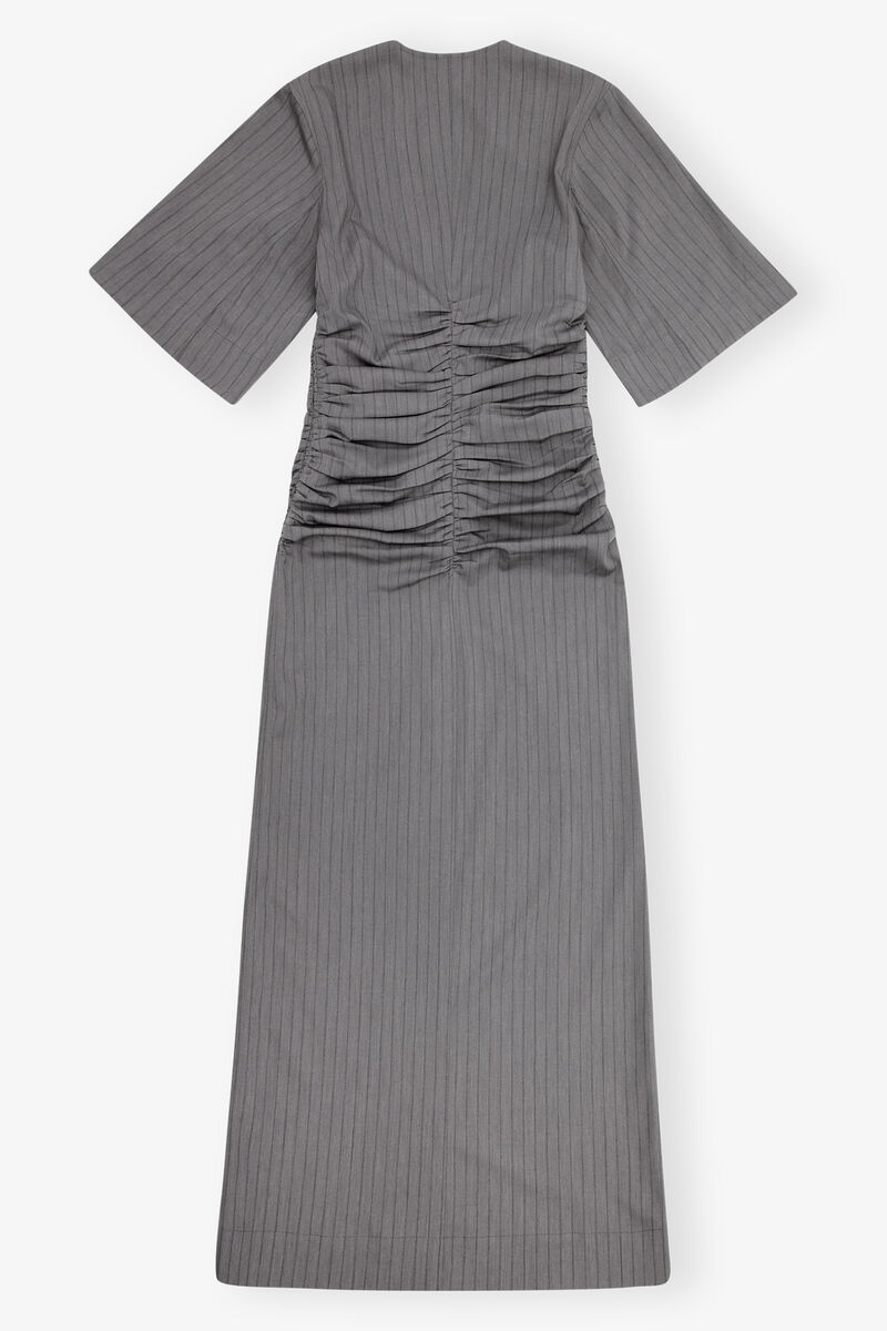 Grey Striped Suiting V-neck Fitted Dress, Elastane, in colour Mirage Gray - 2 - GANNI