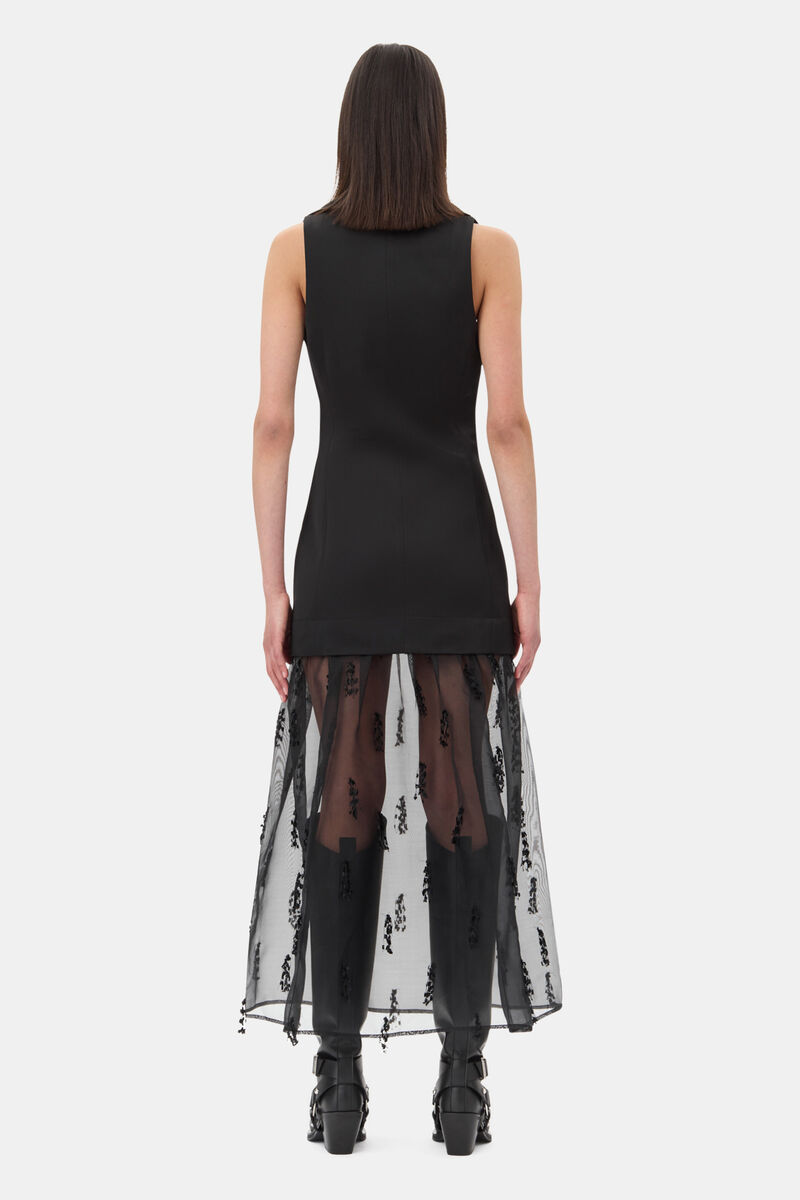 Black Fringed Organza Long Dress, Recycled Polyester, in colour Black - 4 - GANNI