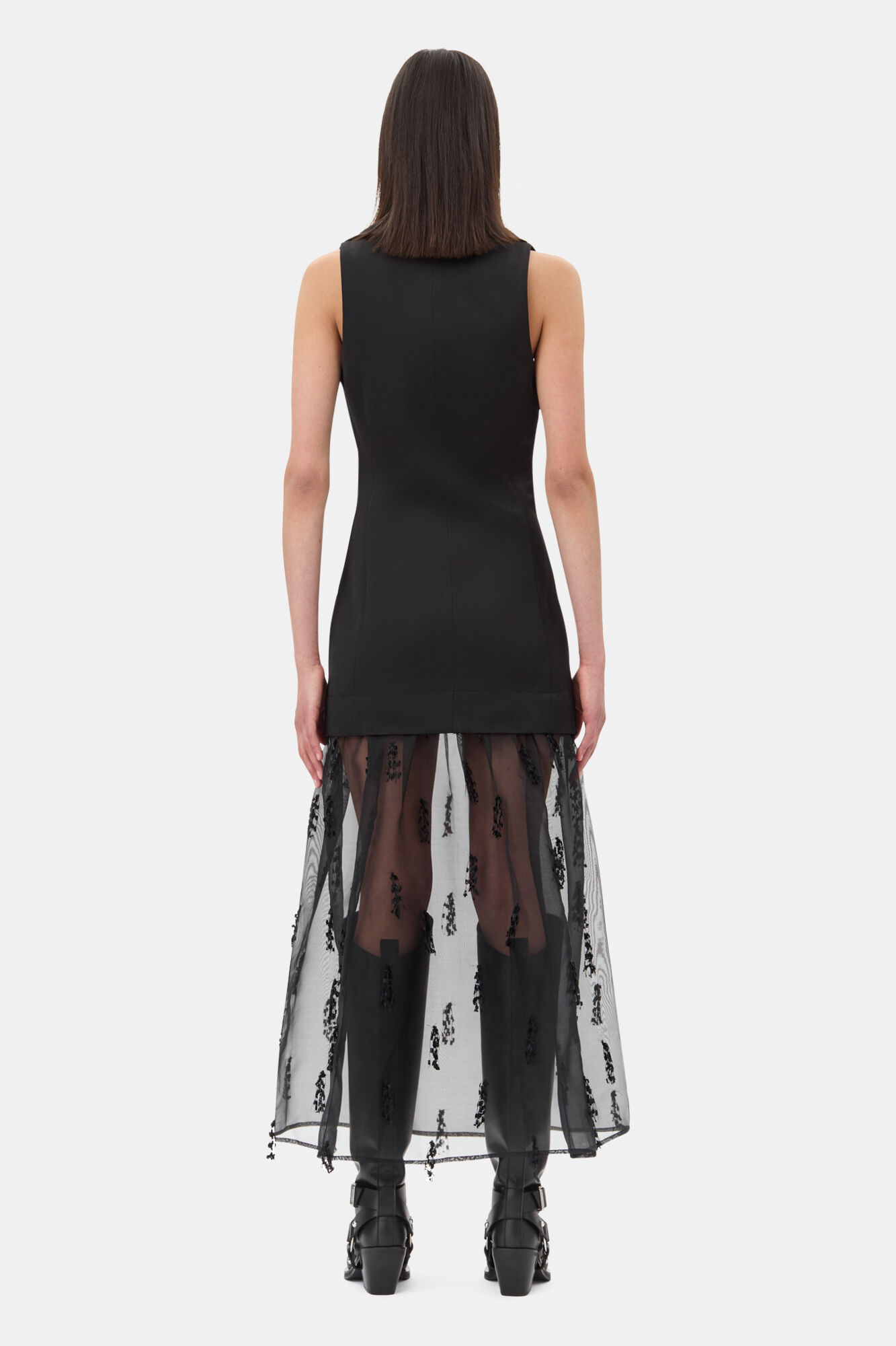 Black Fringed Organza Long Dress, Recycled Polyester, in colour Black - 4 - GANNI