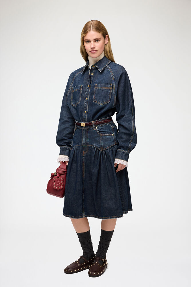 Skirt in Textured Slub Denim, Dark Blue Vintage