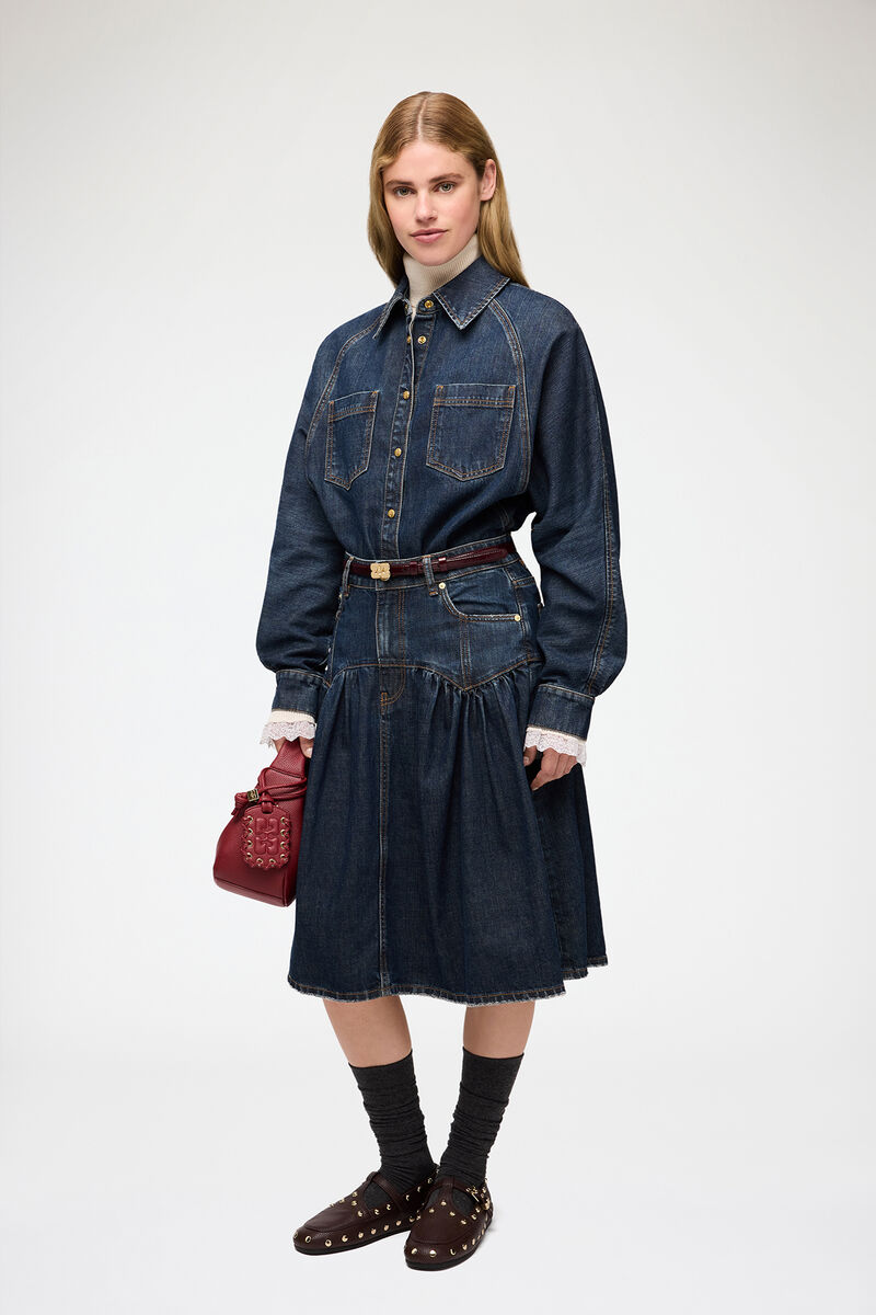 Nederdel i tekstureret slub-denim, Recycled Cotton, in colour Dark Blue Vintage - 1 - GANNI
