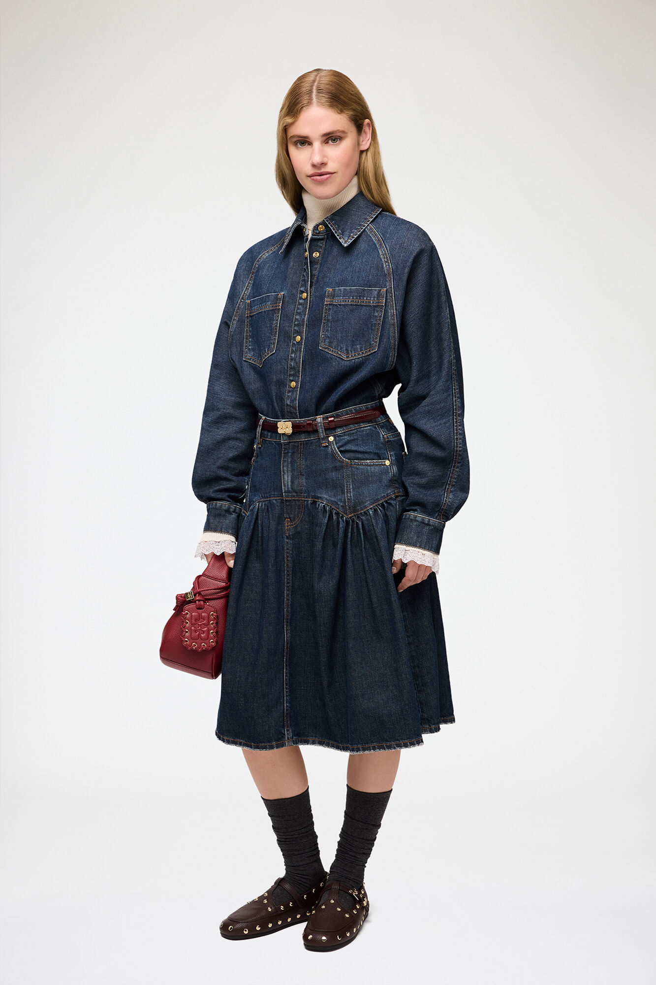 Nederdel i tekstureret slub-denim, Recycled Cotton, in colour Dark Blue Vintage - 1 - GANNI