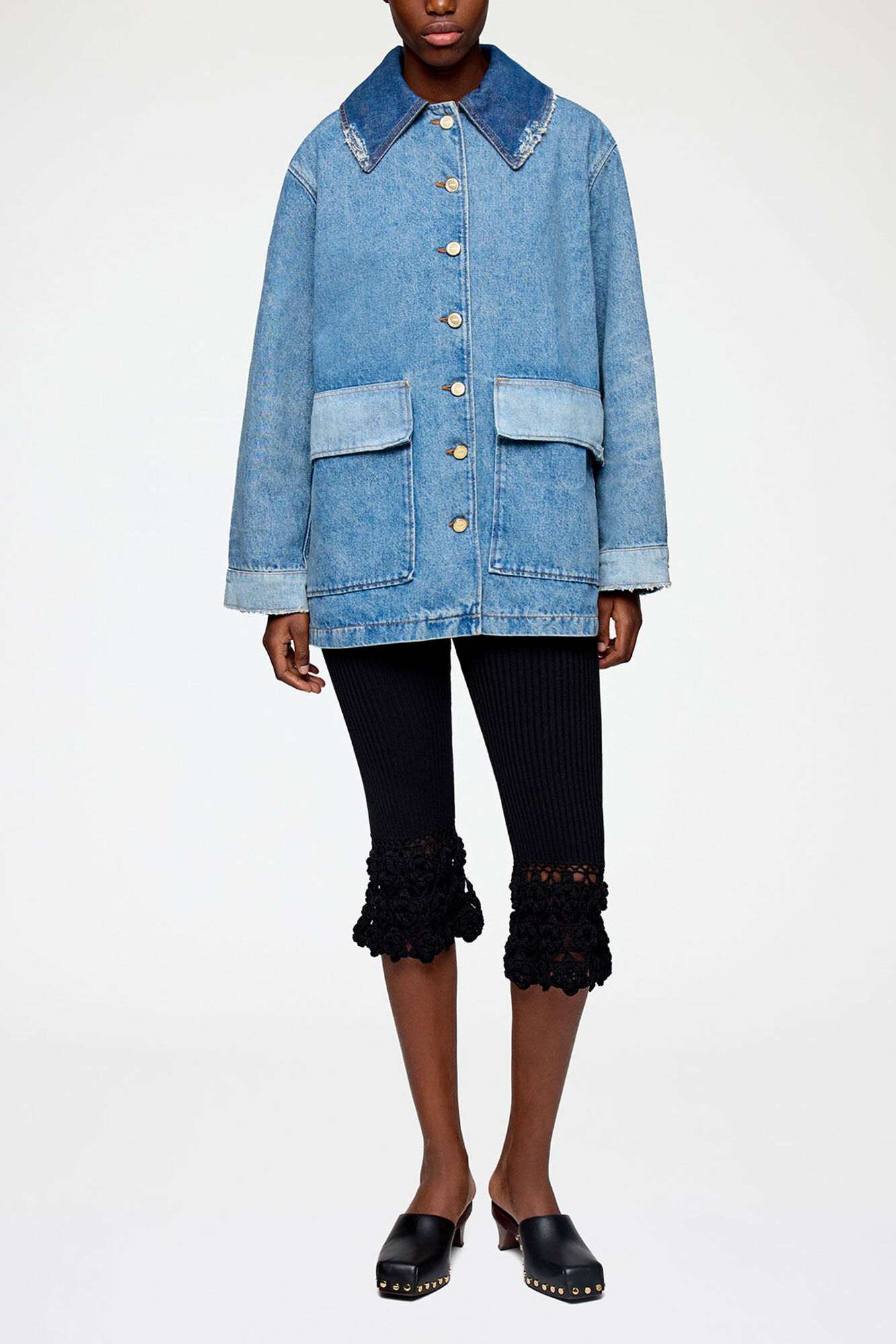 Jacket in Patchwork Denim, Organic Cotton, in colour Mid Blue Vintage - 1 - GANNI