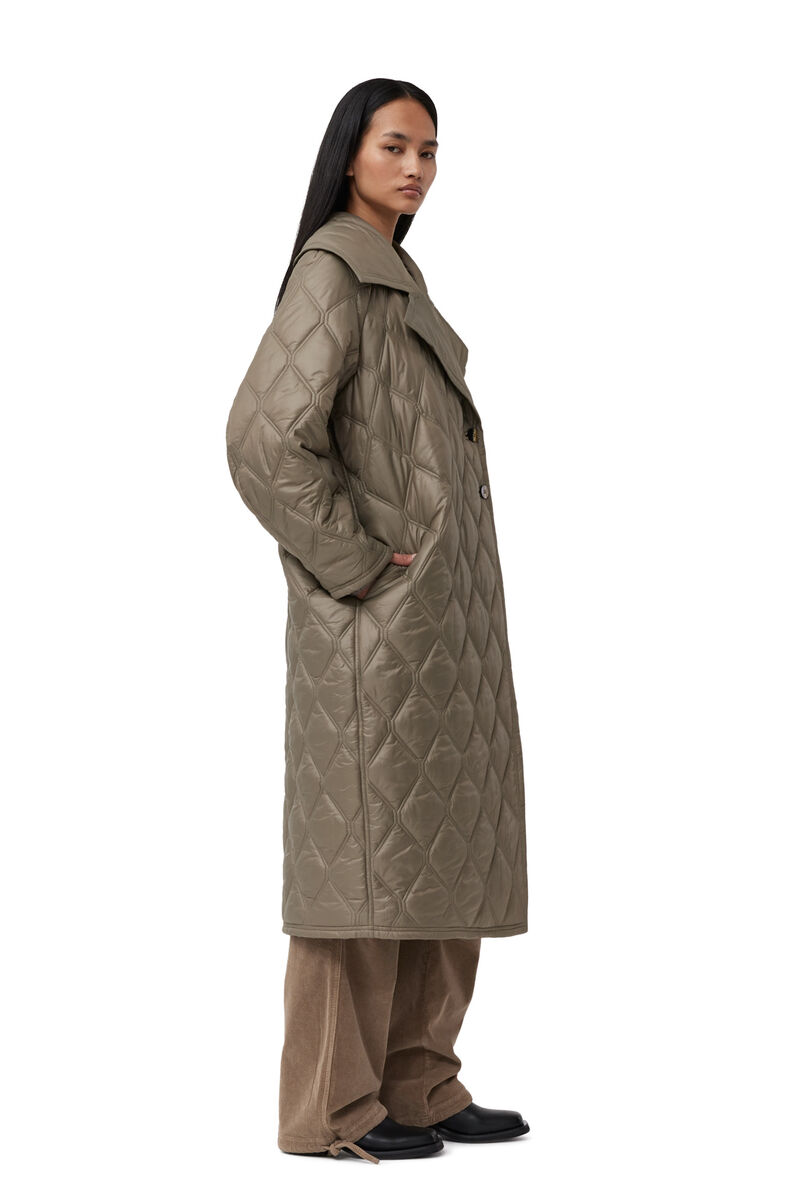 Manteau Brown Shiny Quilt, Recycled Polyamide, in colour Fallen Rock - 3 - GANNI