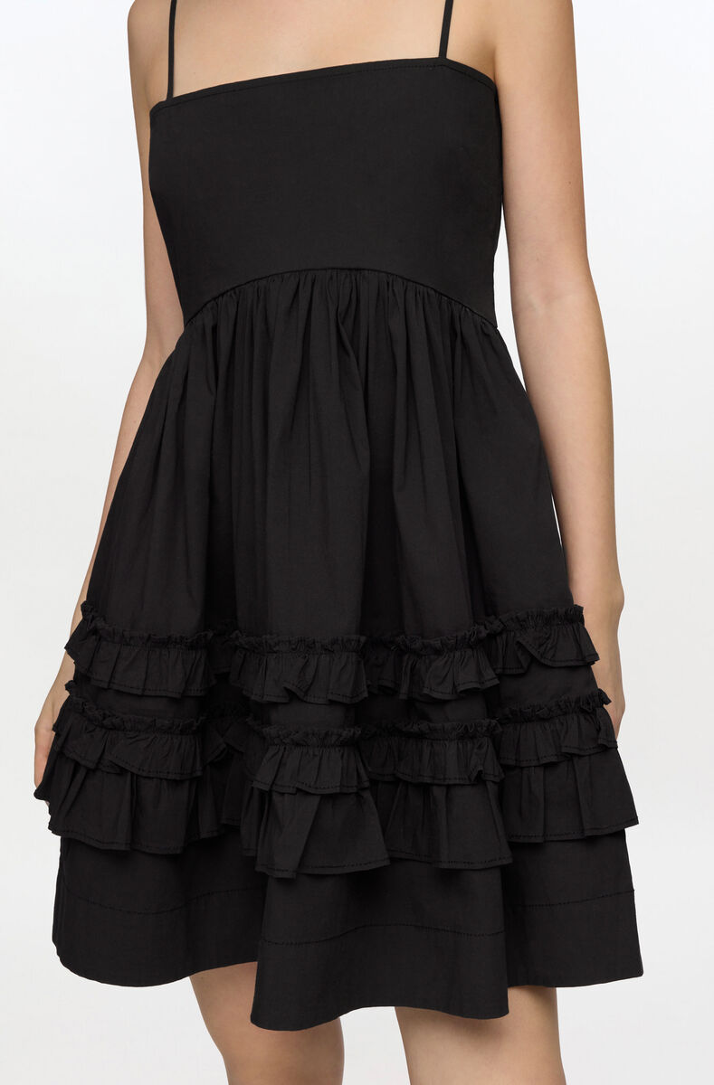Black Mini Frill Dress, Organic Cotton, in colour Black - 3 - GANNI