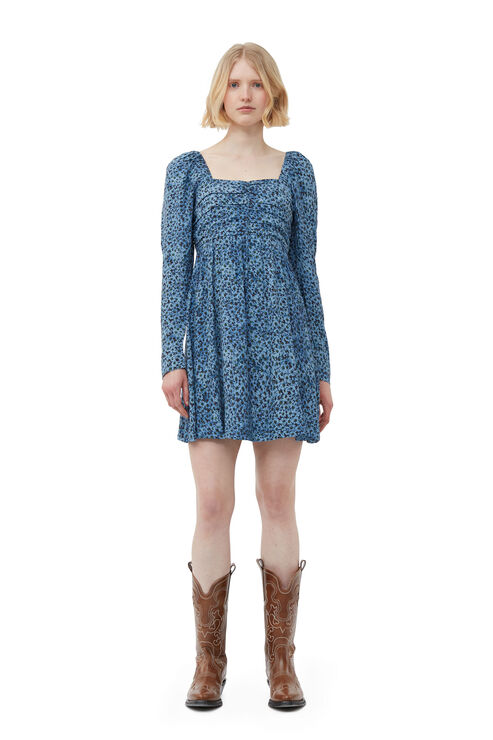 Ganni Long Sleeve Printed Crepe Mini Dress In Blue