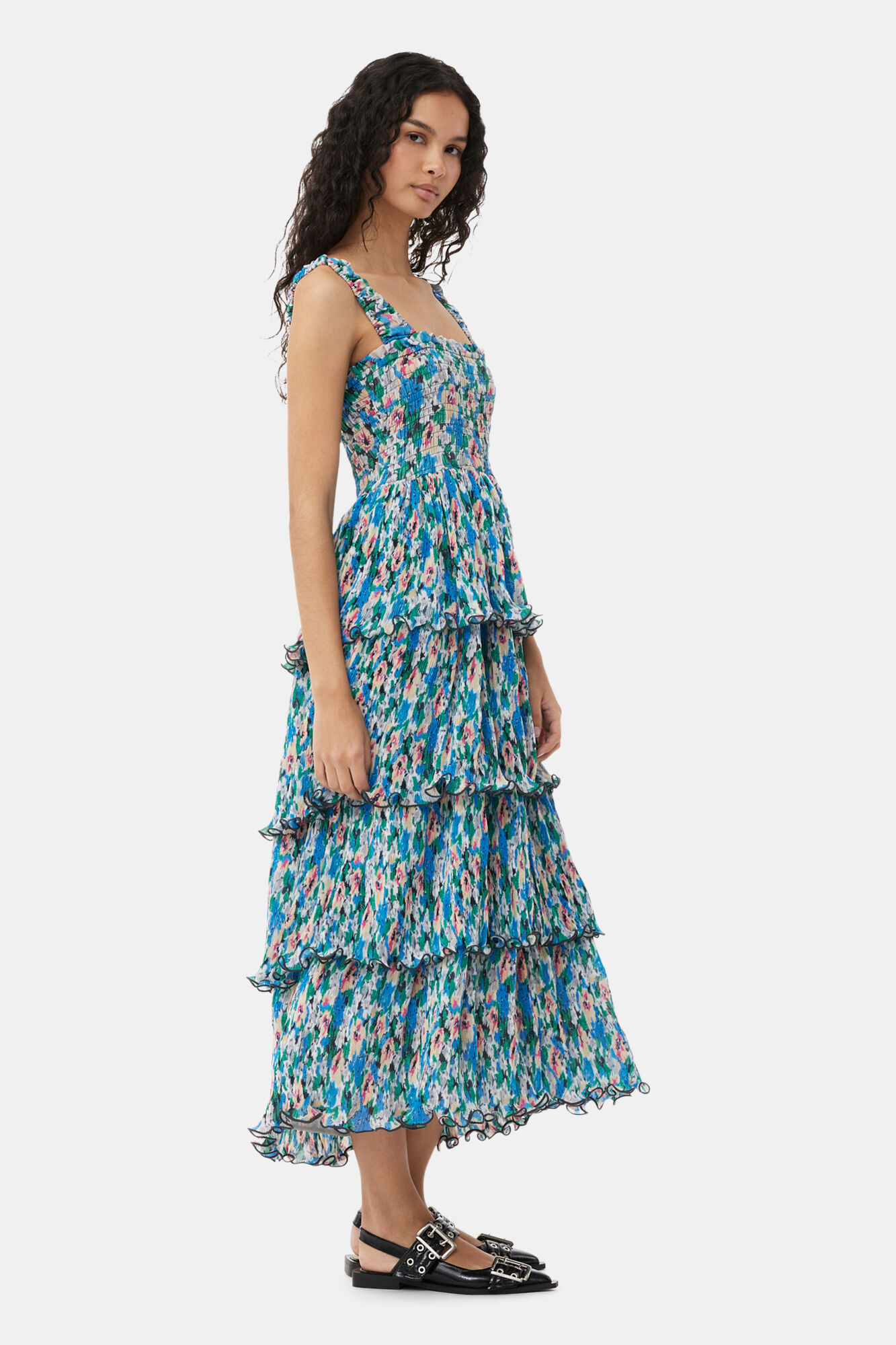 Pleated Georgette Smock Midi Dress, Recycled Polyester, in colour Floral Azure Blue - 3 - GANNI