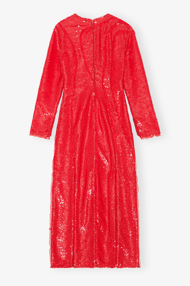 Red Sequins Maxi Dress, Recycled Polyester, in colour Fiery Red - 2 - GANNI