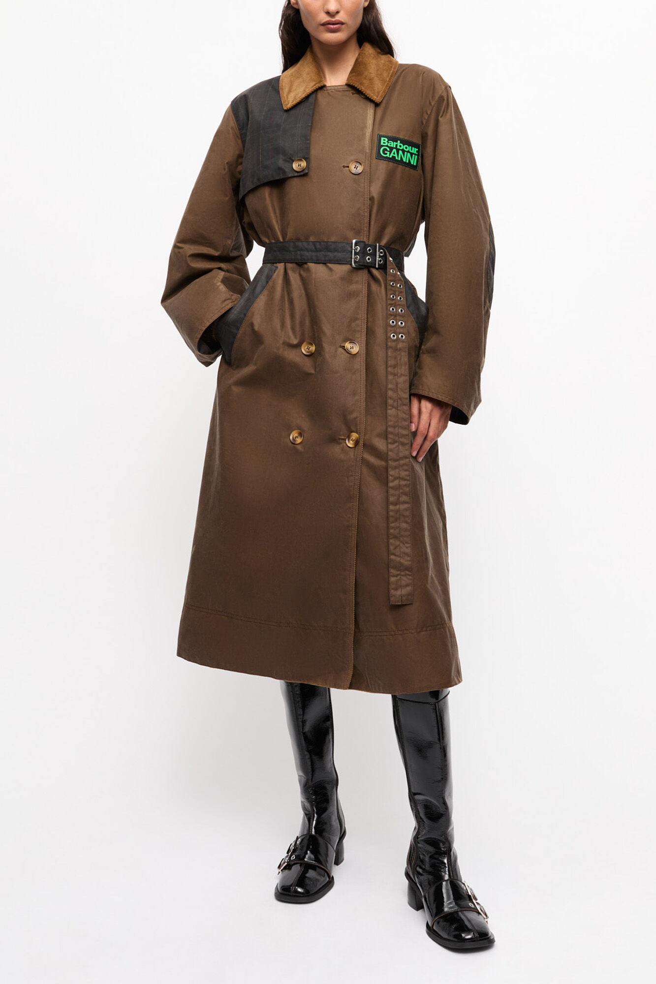 GANNI x Barbour Waxed Trench Coat, Organic Cotton, in colour Teak - 1 - GANNI