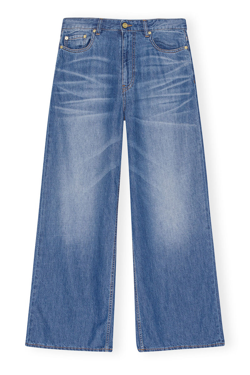 Blue Denim Wide Jeans, Lyocell, in colour Mid Blue Vintage - 1 - GANNI