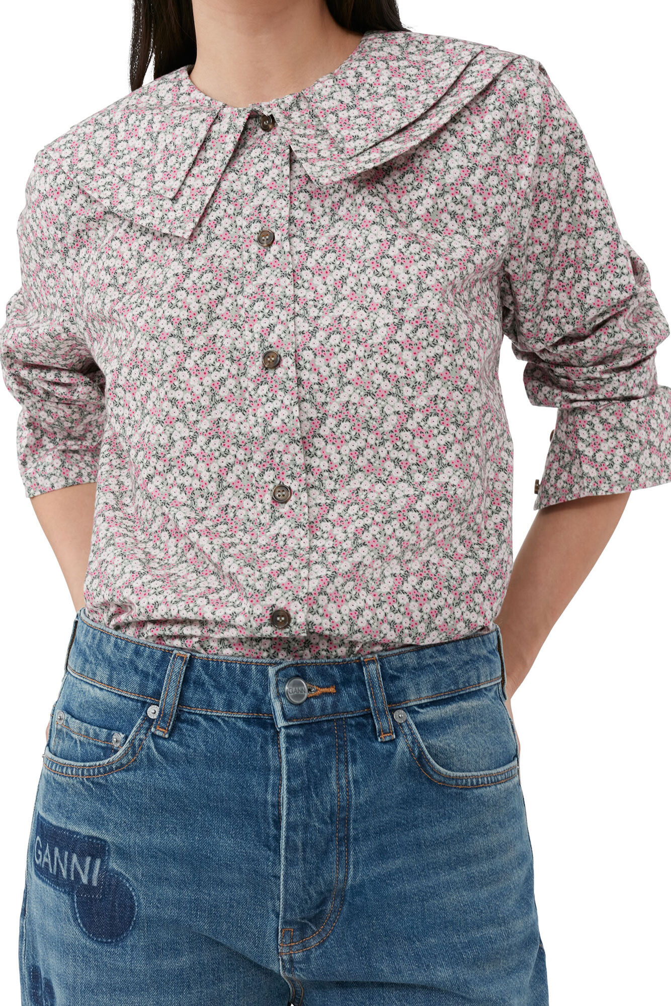 Printed Cotton Double-Collar Shirt, Cotton, in colour Frost Gray - 4 - GANNI
