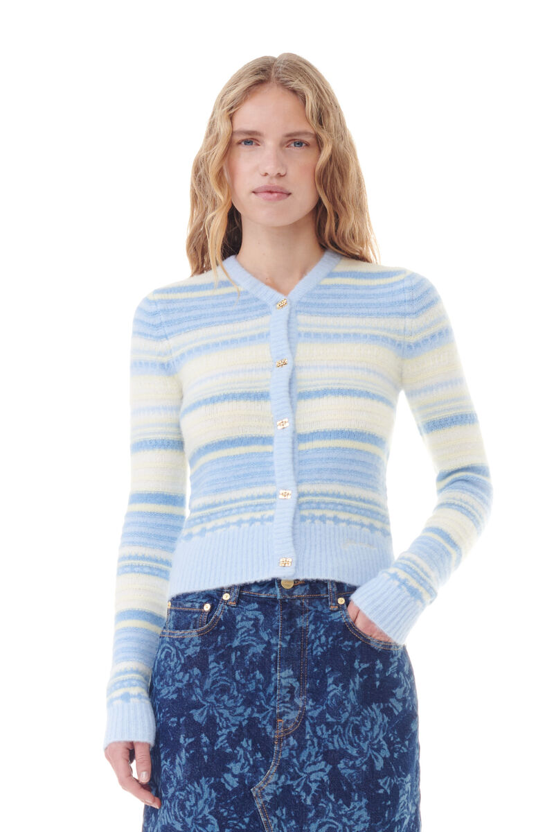 Blue Striped Soft Wool Cardigan, Alpaca, in colour Skyway - 1 - GANNI
