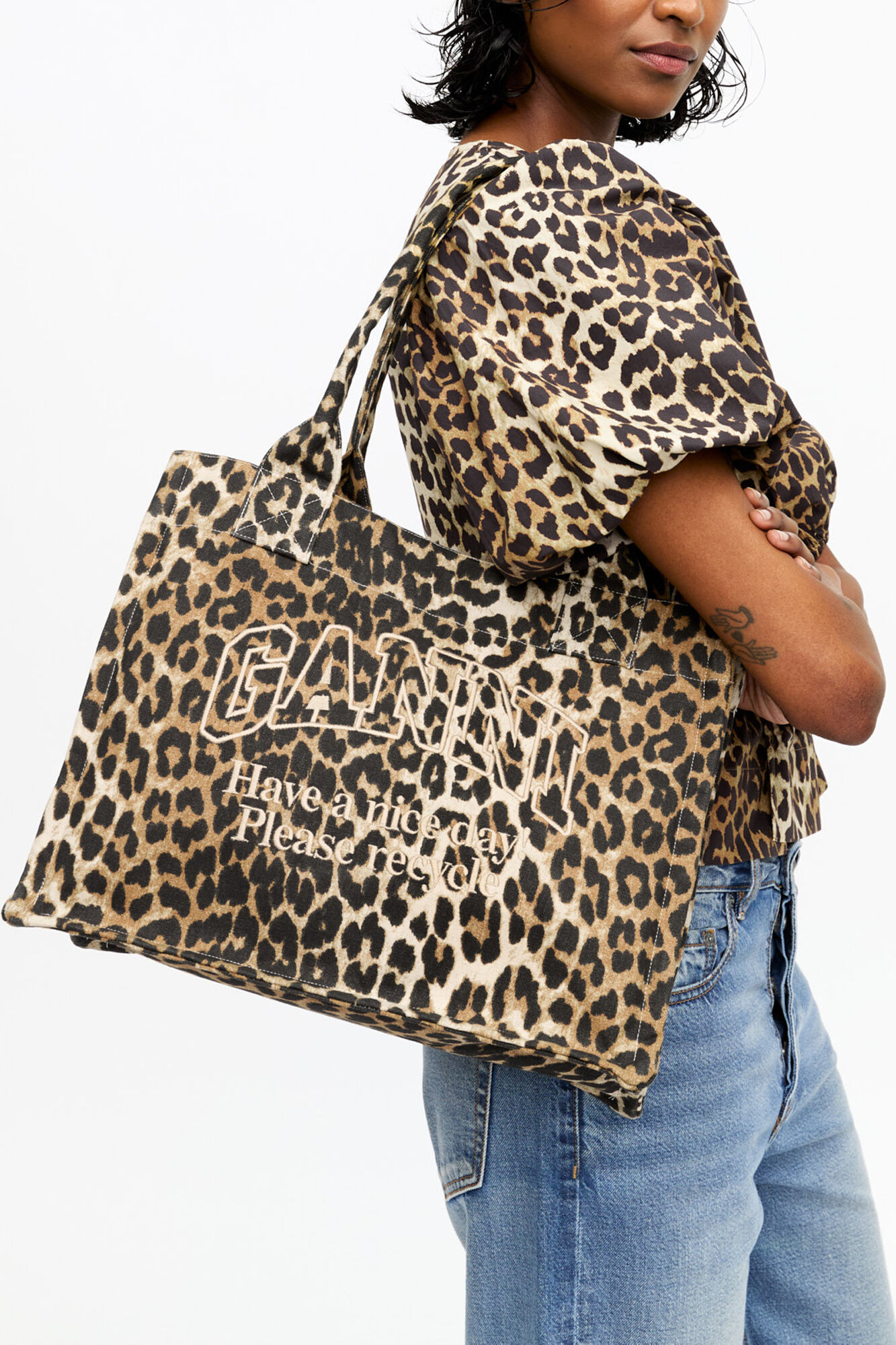 Leopard Large Tote, Recycled Cotton, in colour Leopard - 3 - GANNI