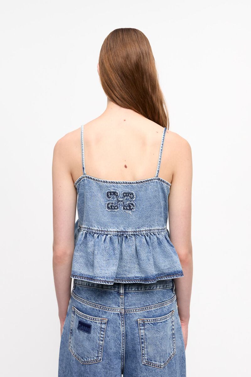 Blue Denim Strap Top, Lyocell, in colour Mid Blue Stone - 2 - GANNI