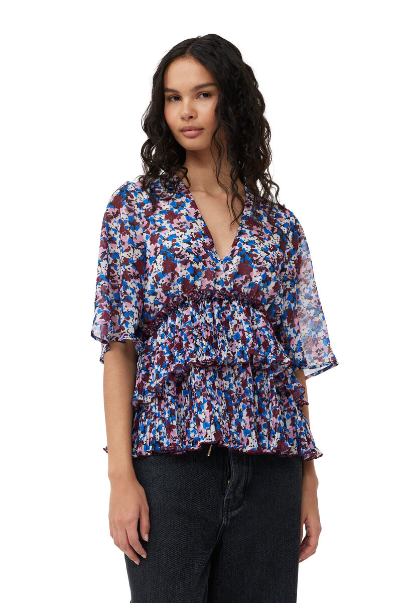 Multicolour Pleated Georgette V-neck Flounce Bluse, Recycled Polyester, in colour Multicolour - 1 - GANNI