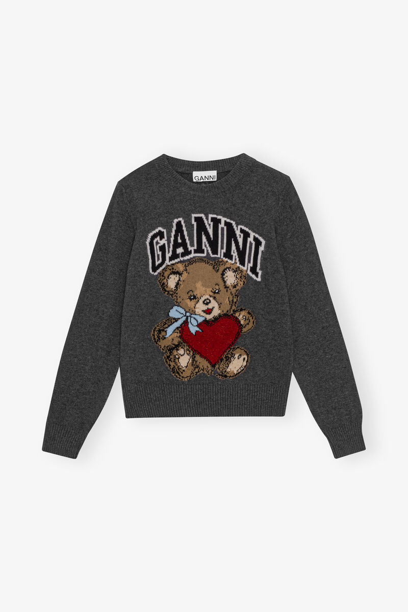 Dark Grey Graphic Bear Sweater, Wool, in colour Gray Quill - 1 - GANNI