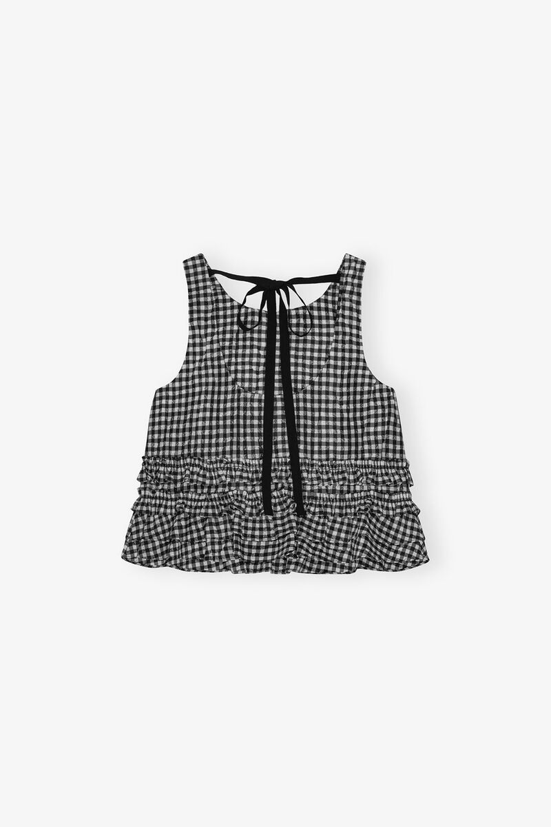 Crinkled Check Frill Top, Recycled Polyester, in colour Black - 2 - GANNI