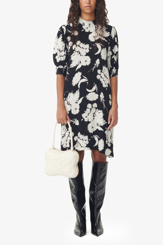 Printed Crepe Mini Dress, Black