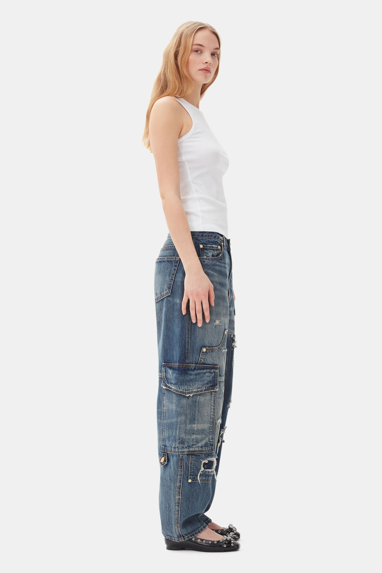 Dark Blue Carpenter Jeans, Cotton, in colour Mid Blue Vintage - 2 - GANNI