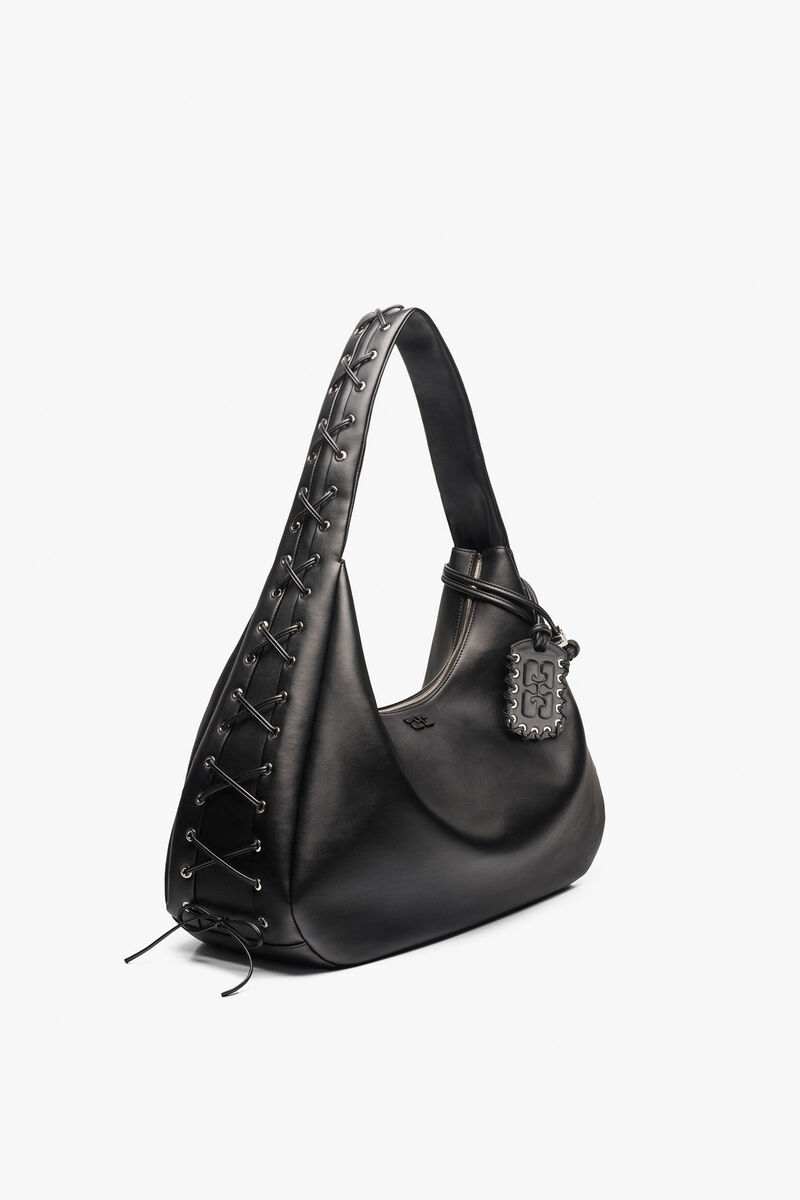 Black XXL Hobo Bag, Recycled Leather, in colour Black - 2 - GANNI