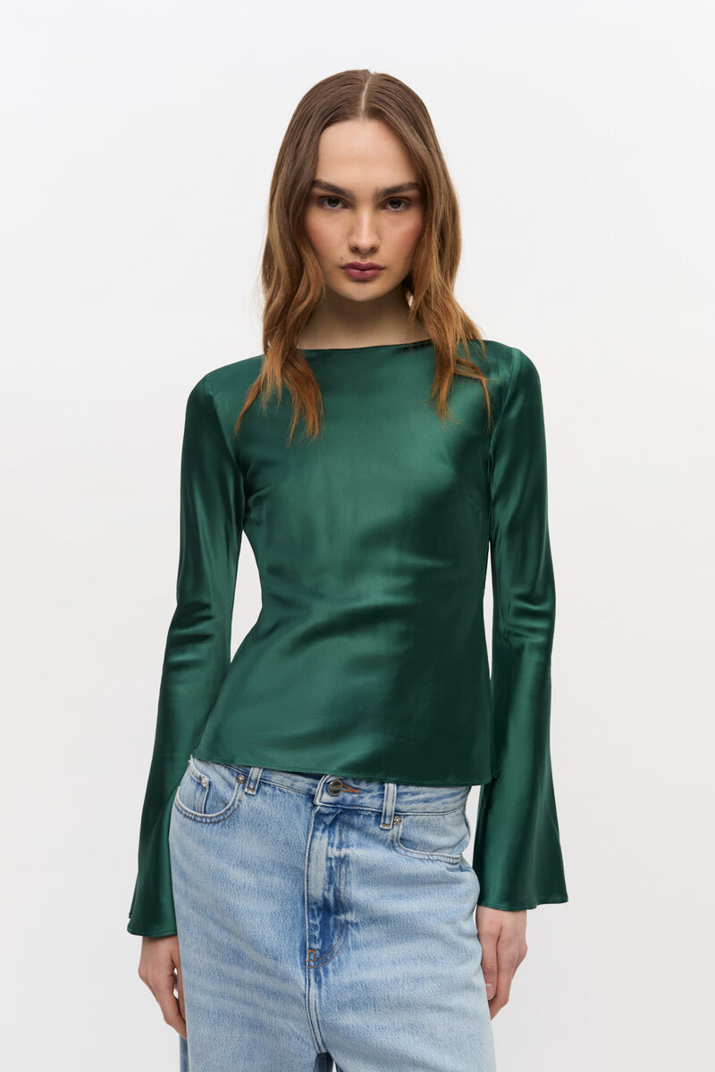 Green Satin Blouse, Elastane, in colour Pineneedle - 1 - GANNI