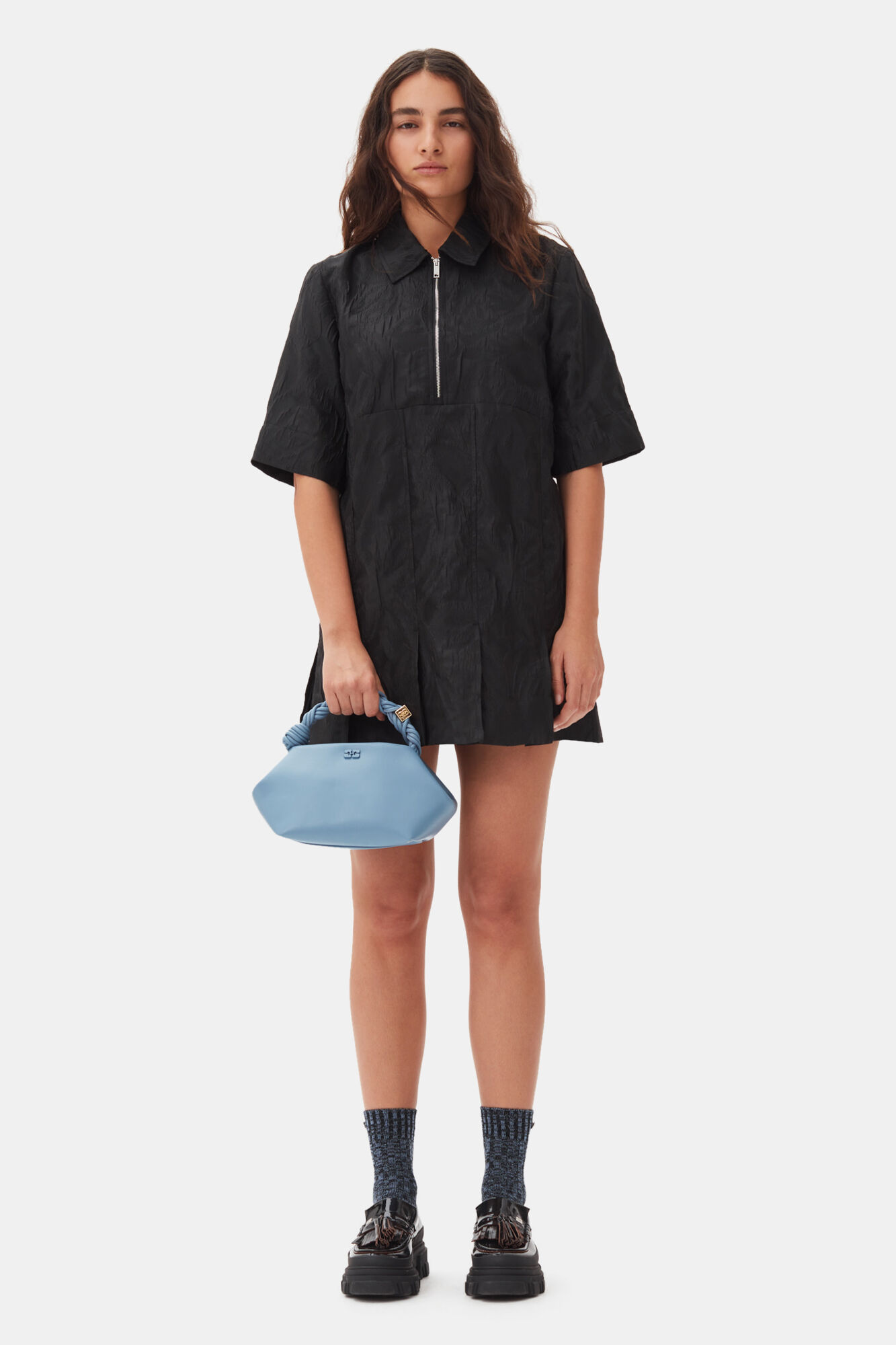 Black Textured Cloque Pleated Mini Dress, Nylon, in colour Black - 1 - GANNI