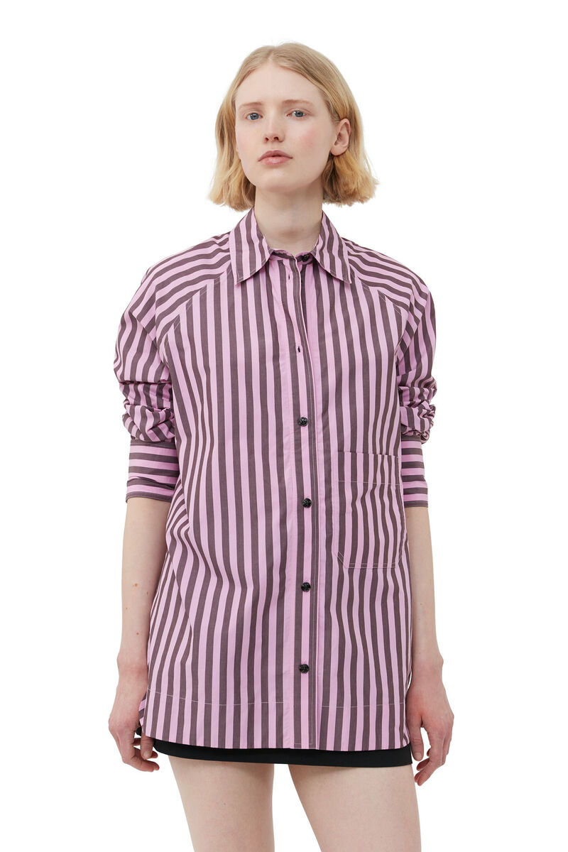 Striped Cotton Oversize Raglan Shirt, Cotton, in colour Bonbon - 4 - GANNI