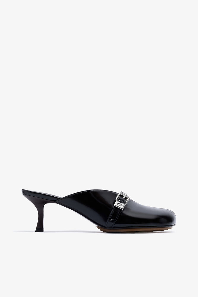 Sue Heeled Mules in Black Oleatex, Black