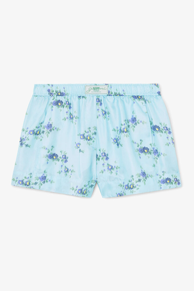 Shorts in Printed Silk, Iced Aqua