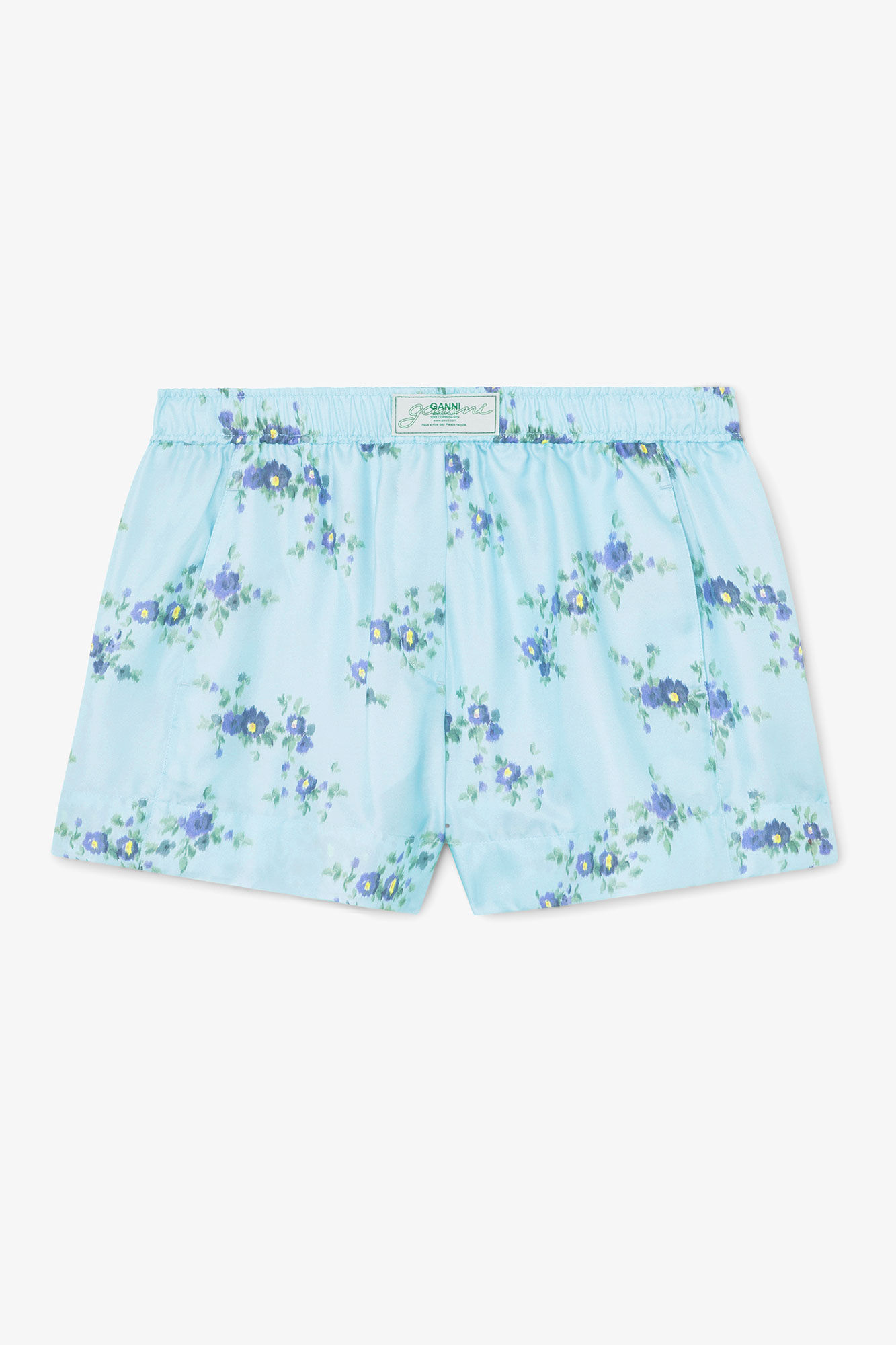 Shorts in Printed Silk, Organic Wool, in colour Iced Aqua - 1 - GANNI