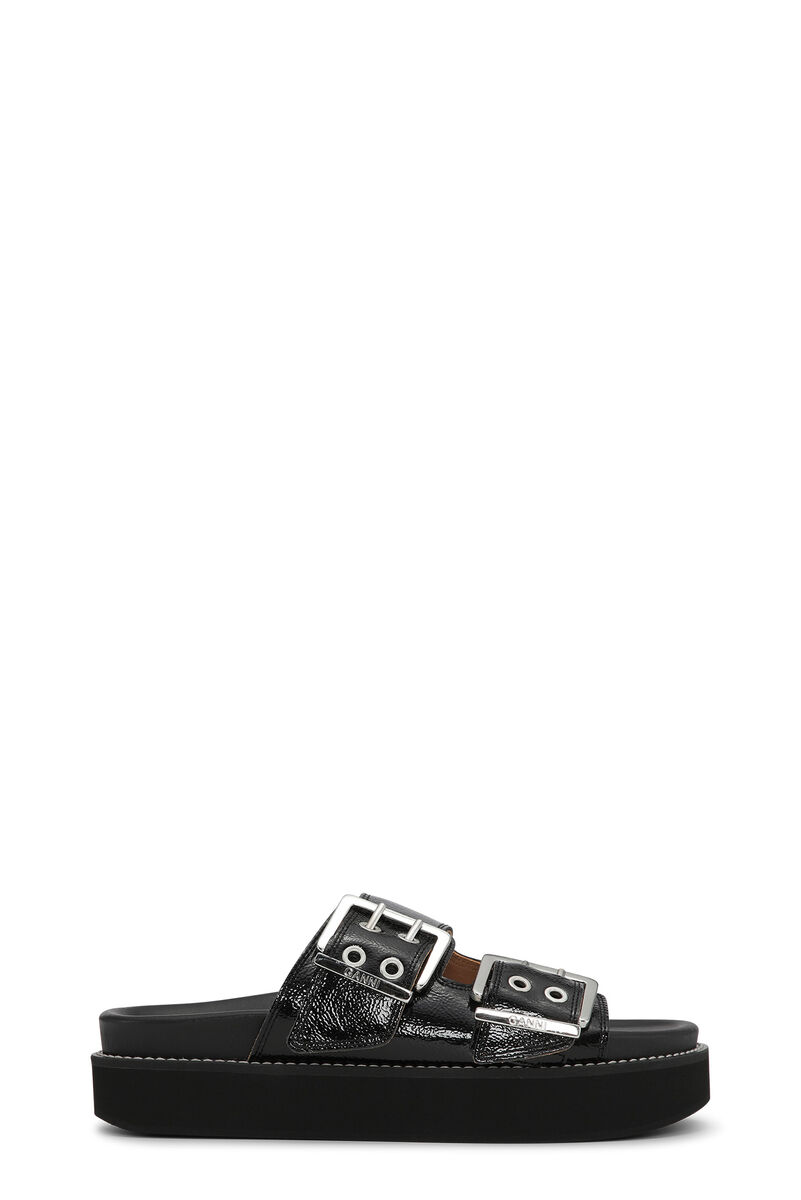 Flache Sandalen mit breiter Leiste und klobiger Schnalle, Calf Leather, in colour Black - 1 - GANNI