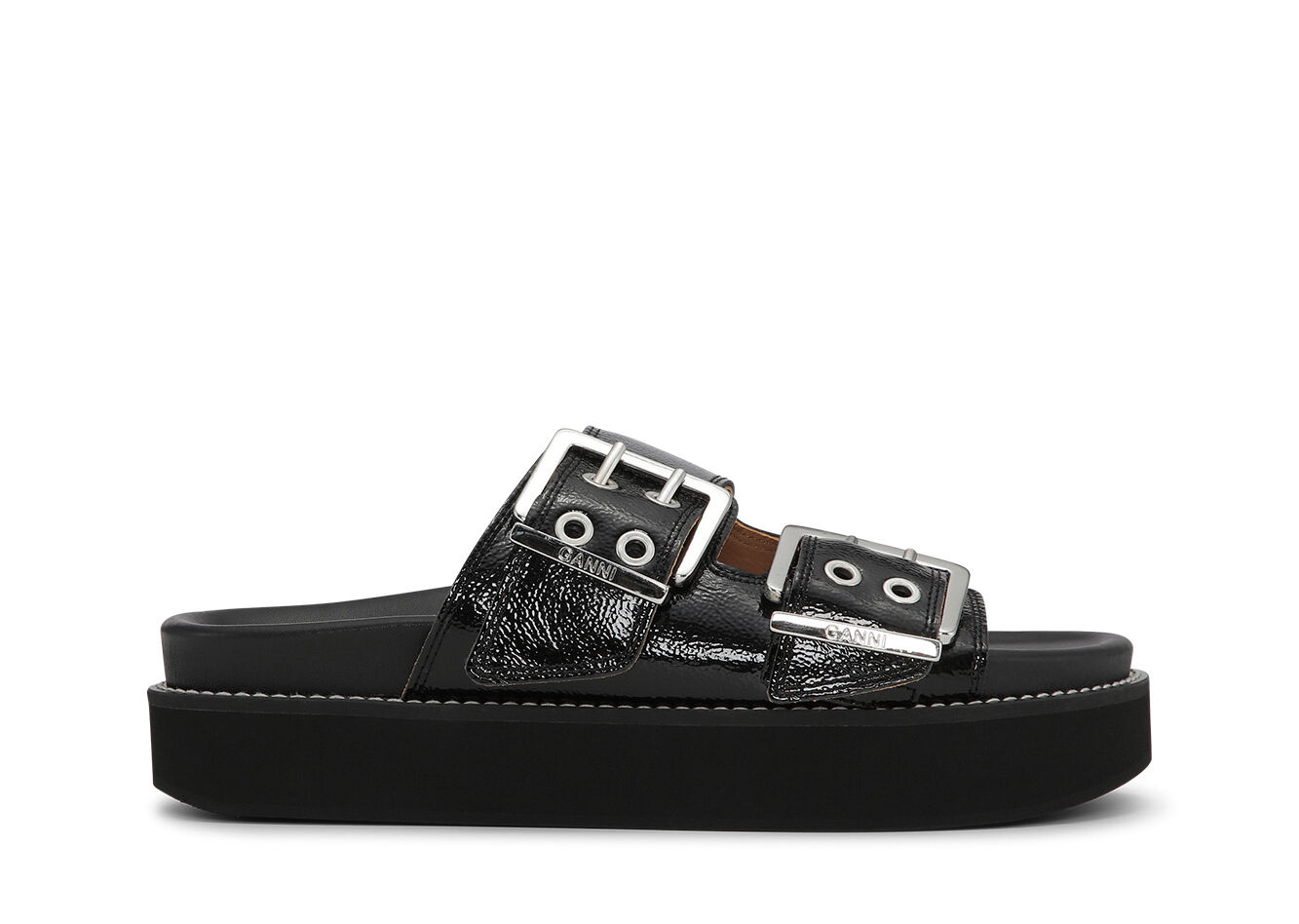Sandales plates à boucle épaisse large et à bord large, Calf Leather, in colour Black - 1 - GANNI
