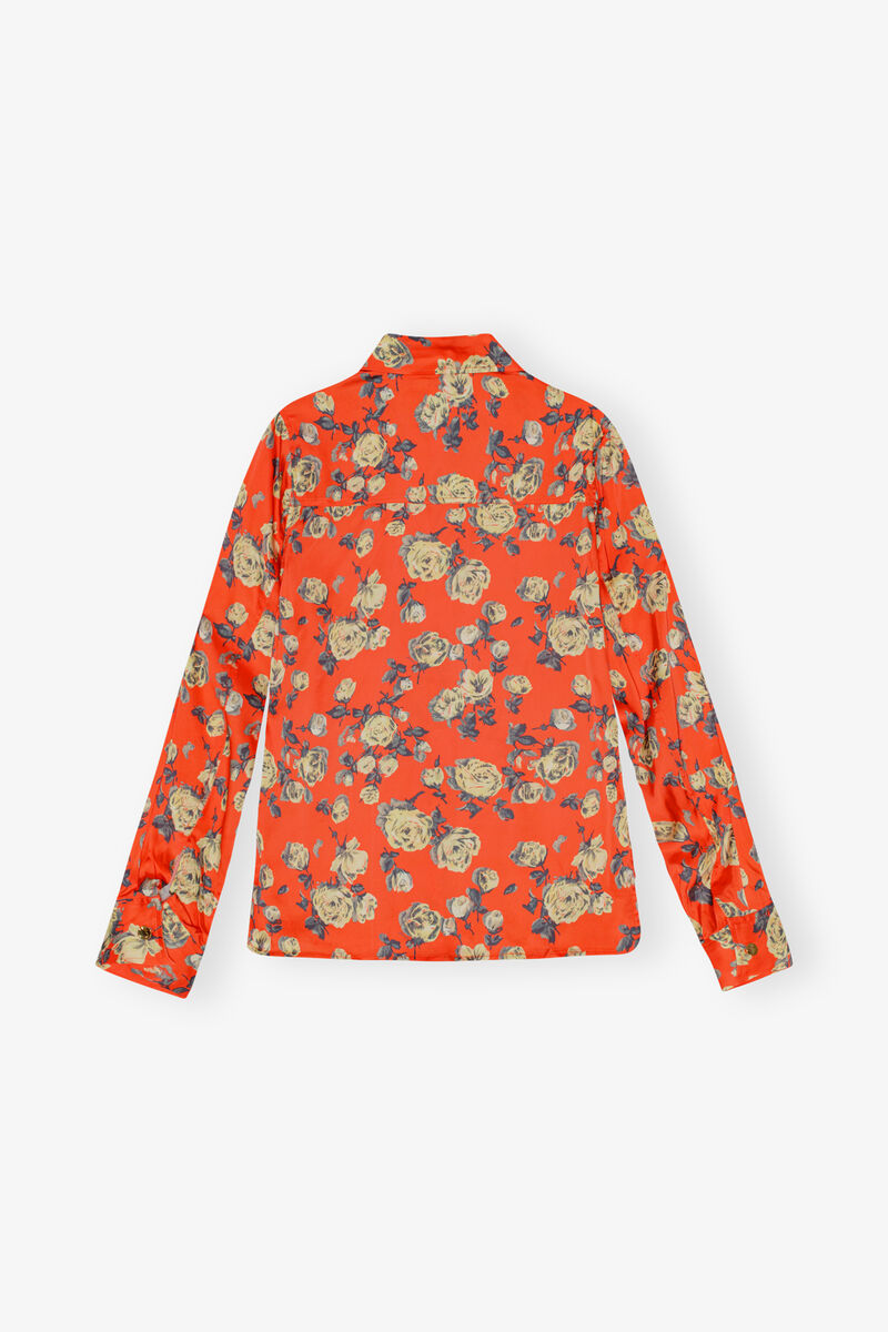 Orange Floral Printed Satin Shirt, Spandex, in colour Poinciana - 2 - GANNI