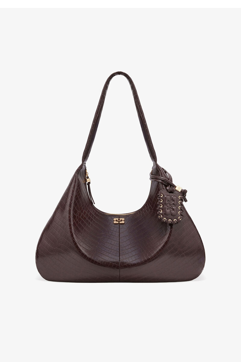 Brown Croco XXL Hobo Bag, Recycled Leather, in colour Chocolate Fondant - 1 - GANNI