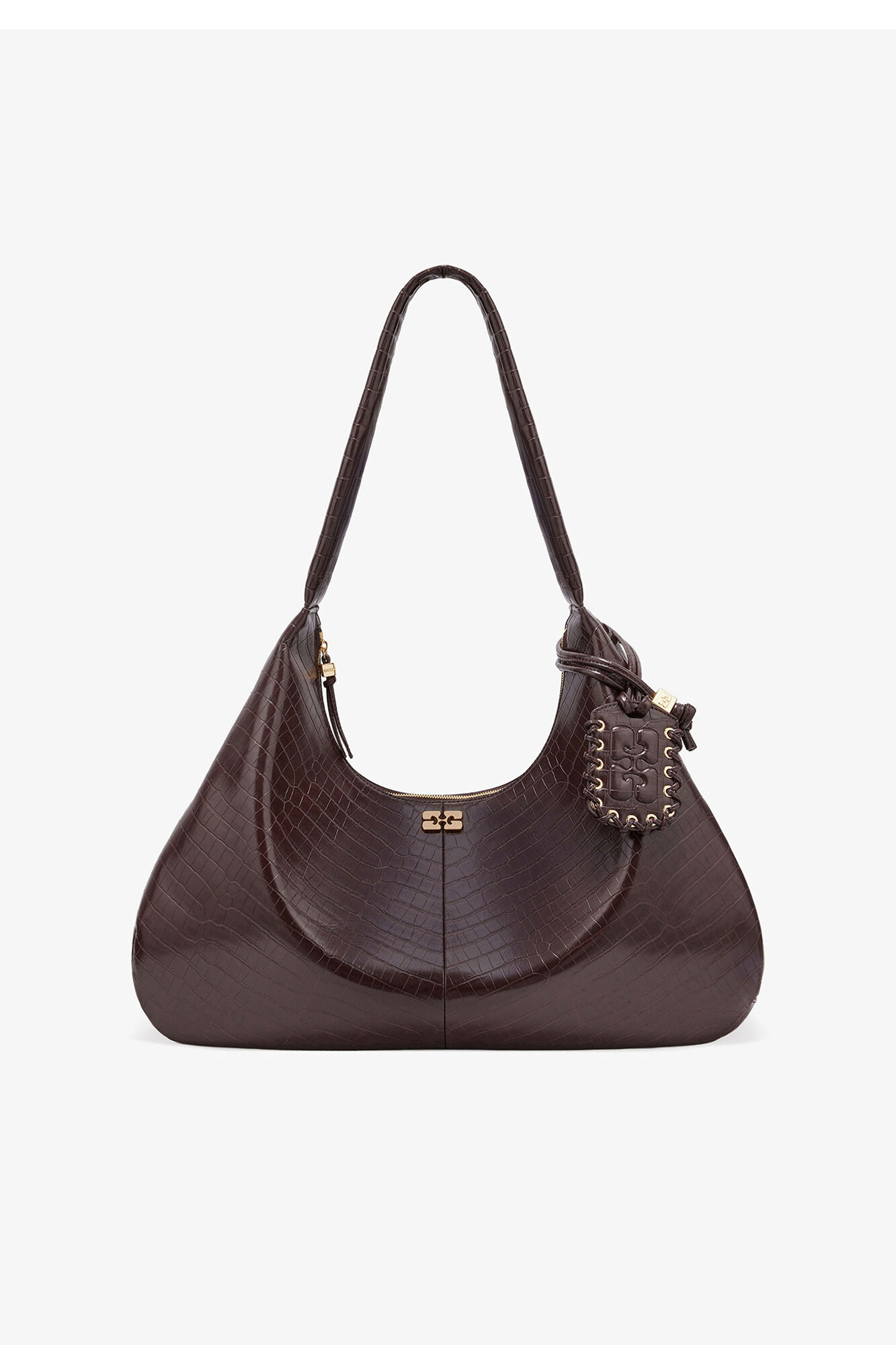Brown Croco XXL Hobo Bag, Recycled Leather, in colour Chocolate Fondant - 1 - GANNI