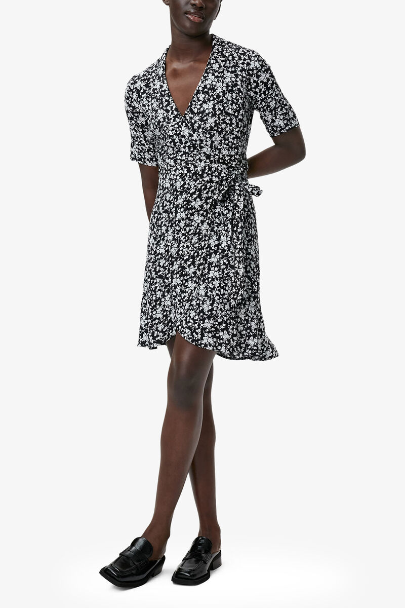 Printed Crepe Wrap Dress, Viscose, in colour Black - 1 - GANNI