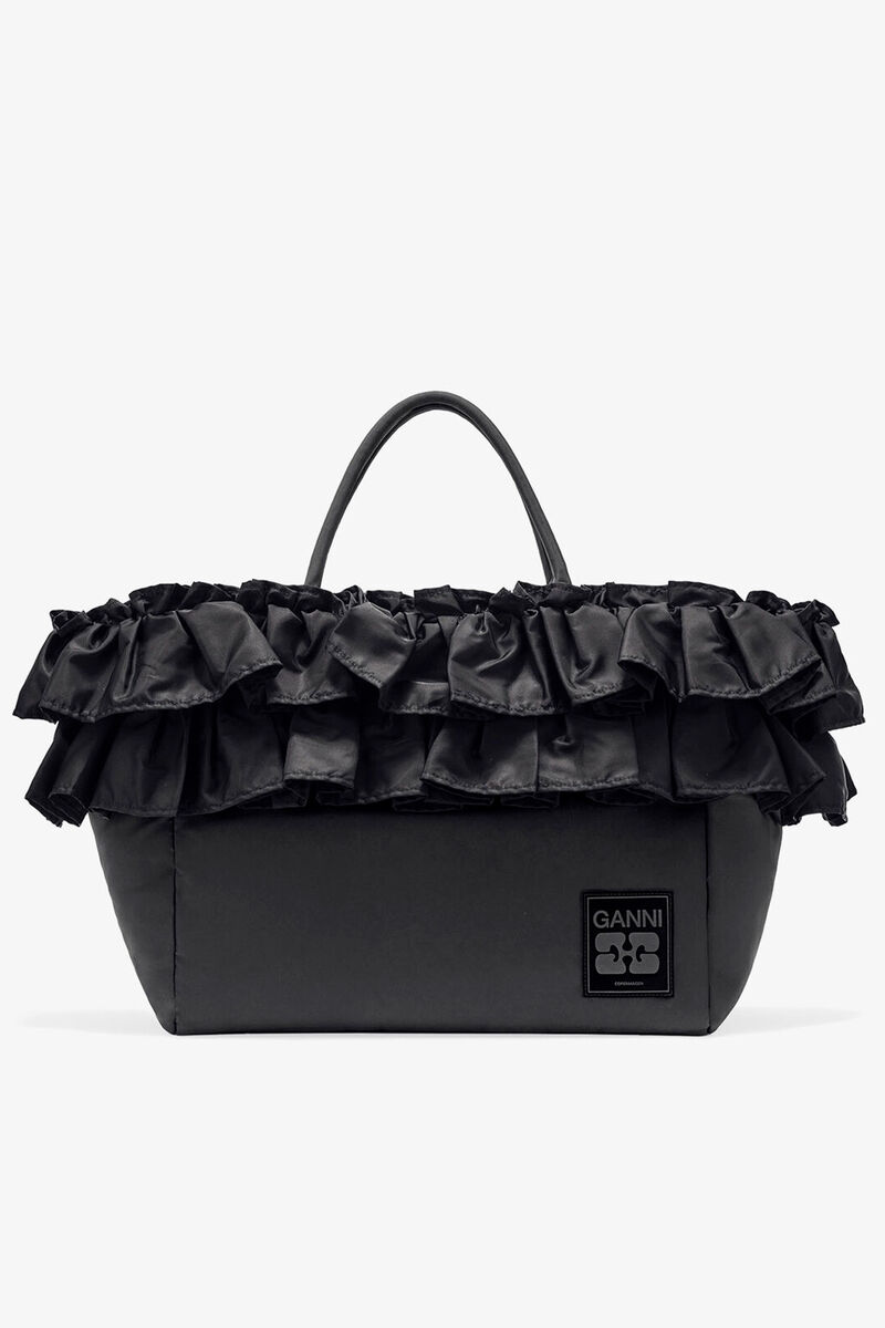 Black XXL Ruffle Tote, Recycled Nylon, in colour Black - 1 - GANNI