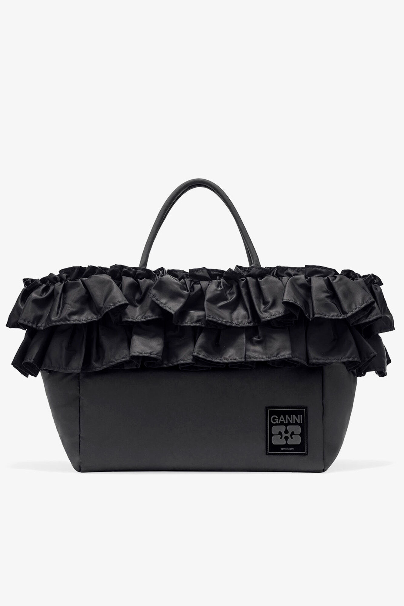 Black XXL Ruffle Tote, Recycled Nylon, in colour Black - 1 - GANNI