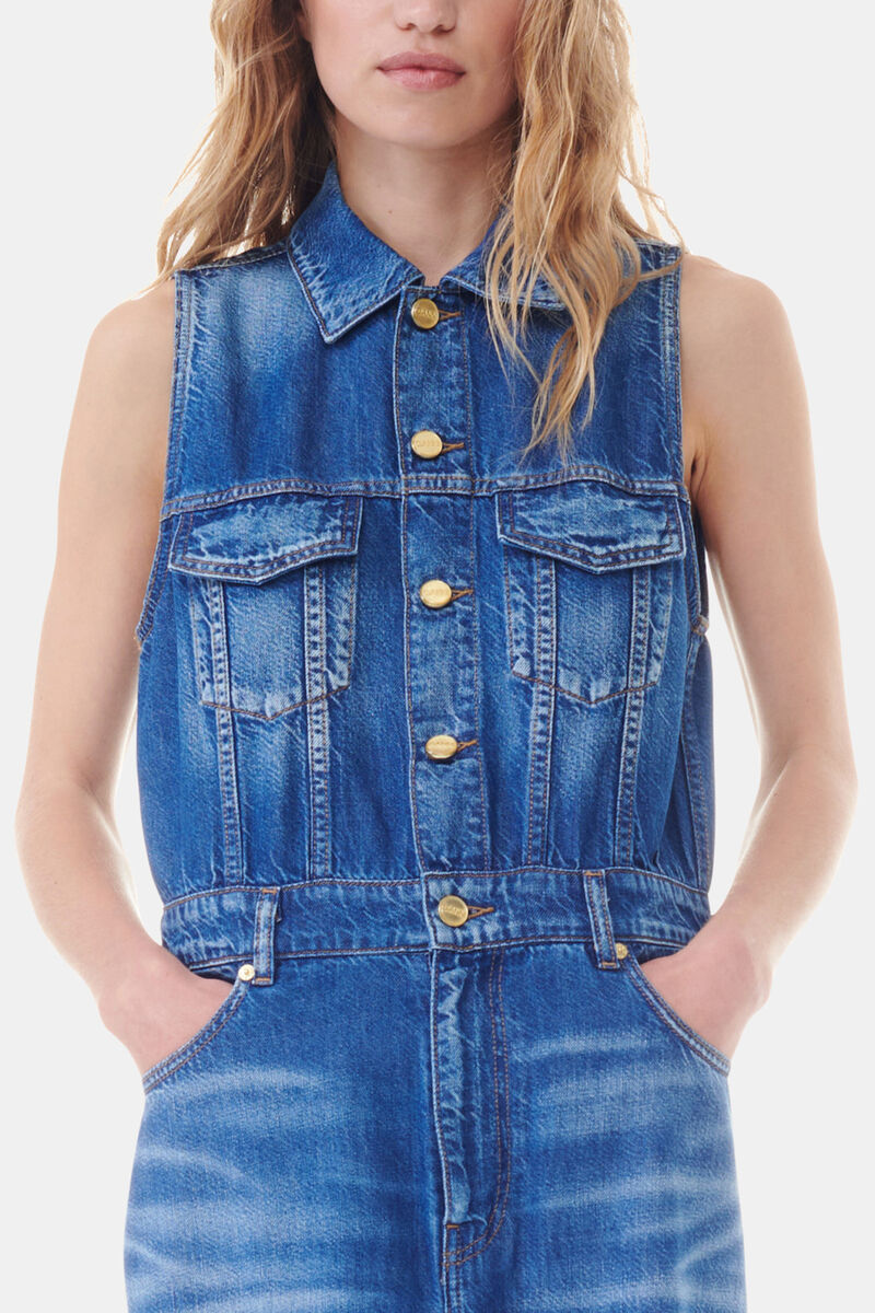 Blue Denim Long Dress, Organic Cotton, in colour Mid Blue Vintage - 2 - GANNI