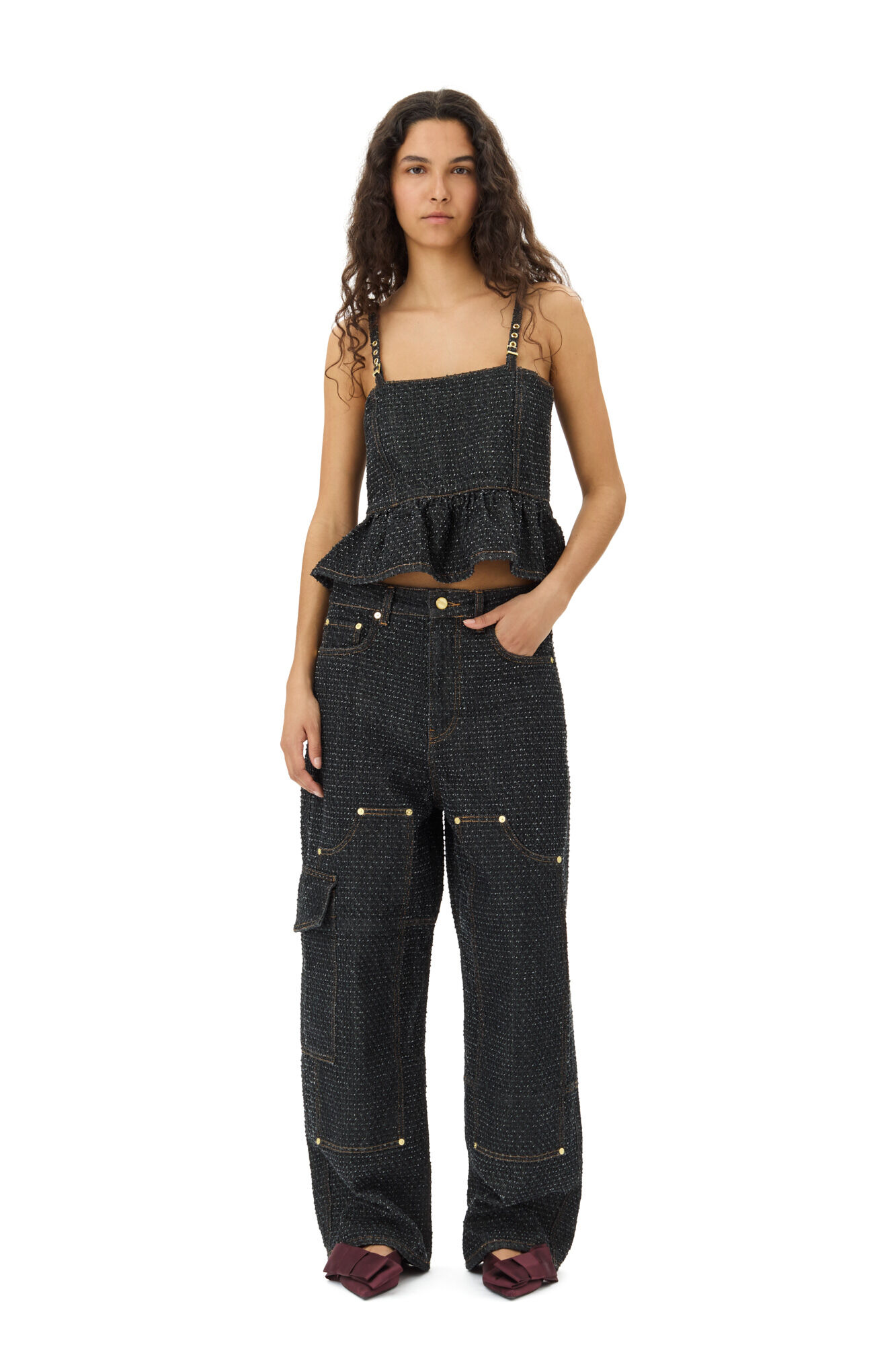 Black Textured Top, Cotton, in colour Black - 2 - GANNI