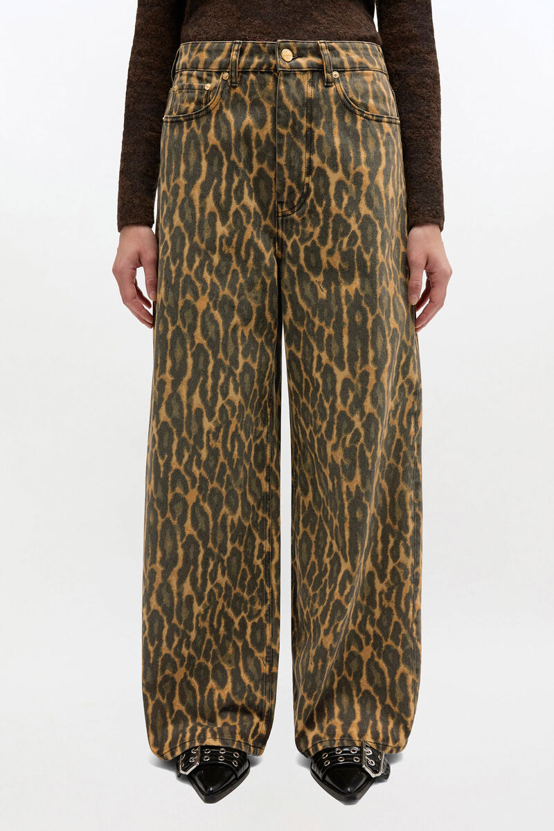 Leopard Baggy Jeans, Organic Cotton, in colour Khaki - 1 - GANNI