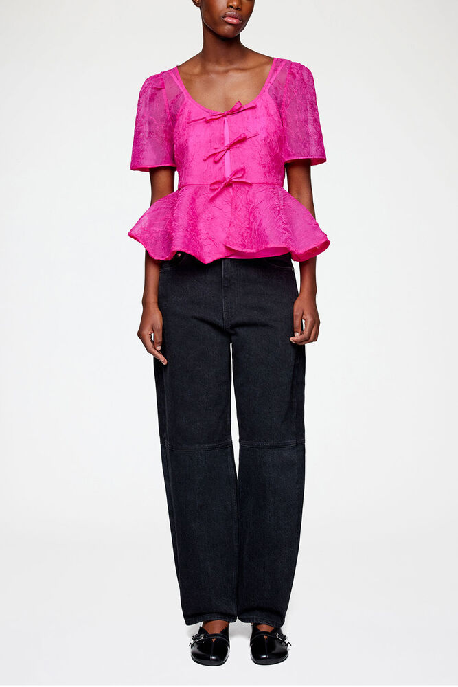 Peplum Blouse in Shibori Organza, Raspberry Rose