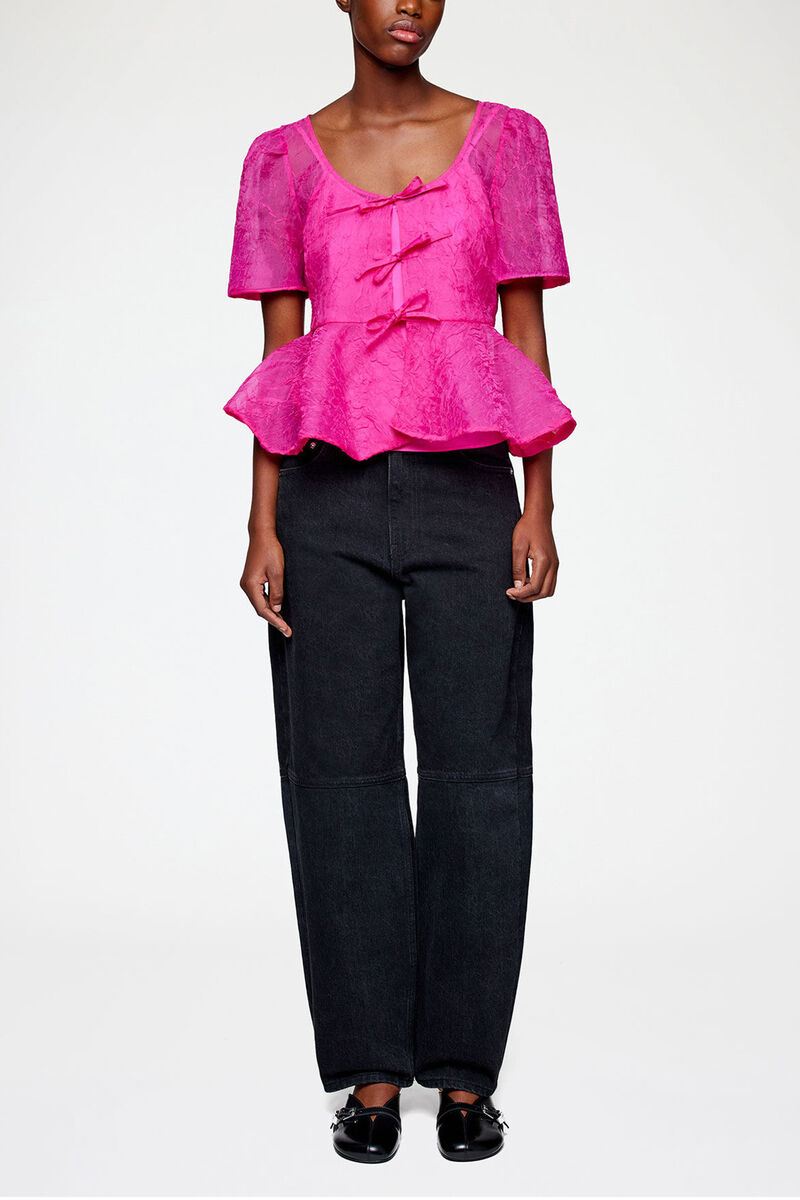 Peplum Blouse in Shibori Organza, Recycled Polyester, in colour Raspberry Rose - 1 - GANNI