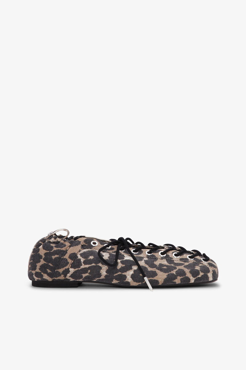 Lace-Up Ballerinas in Leopard Printed Denim, Organic Cotton, in colour Leopard - 1 - GANNI