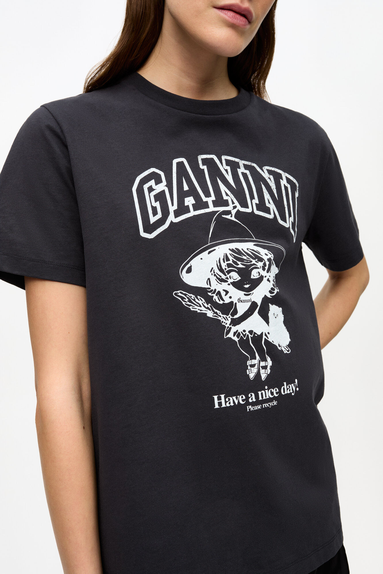 Black Basic Cotton Witch Relaxed T-shirt, Organic Cotton, in colour Phantom - 4 - GANNI