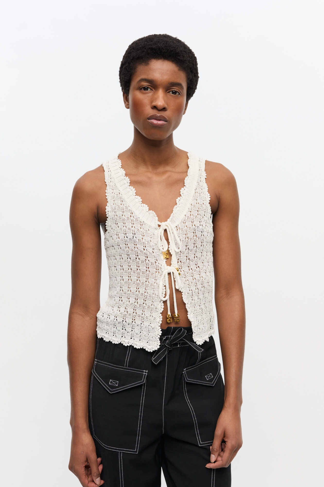 Off-White Pointelle Knit Vest, LENZING&trade; ECOVERO&trade;, in colour Egret - 1 - GANNI