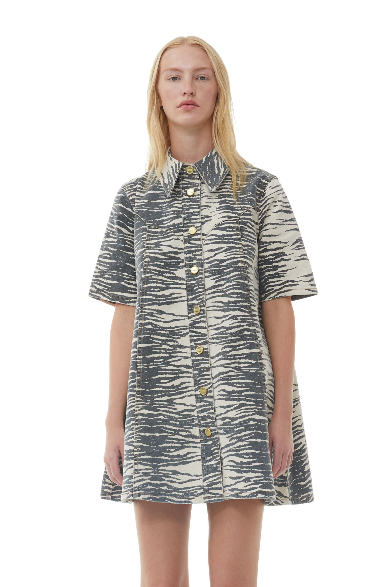 Print Denim Mini Dress, Elastane, in colour Oyster Gray - 2 - GANNI