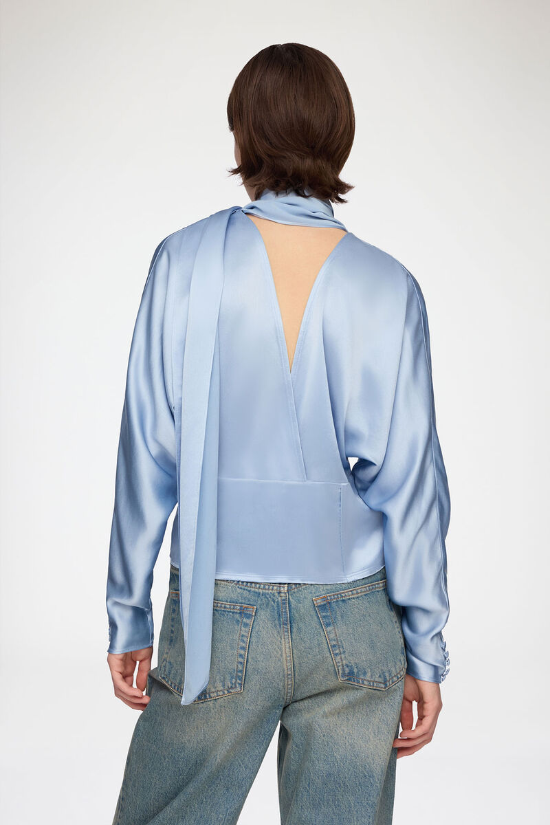 Blouse in Blue Satin, Acetate, in colour Soft Chambray - 3 - GANNI